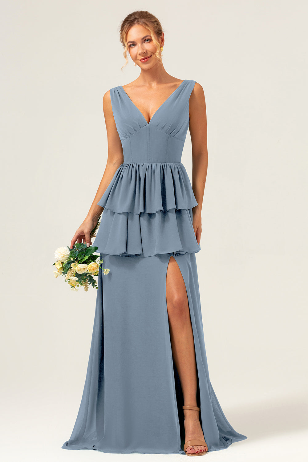 Eucalyptus A Line V Neck Corset Tiered Long Bridesmaid Dress with Slit