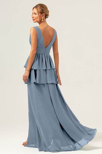 Eucalyptus A Line V Neck Corset Tiered Long Bridesmaid Dress with Slit