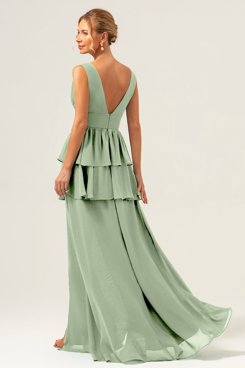 Eucalyptus A Line V Neck Corset Tiered Long Bridesmaid Dress with Slit