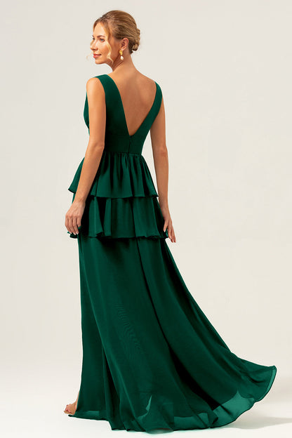 Eucalyptus A Line V Neck Corset Tiered Long Bridesmaid Dress with Slit