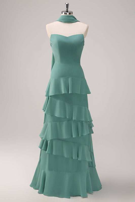 Eucalyptus Strapless Ruffled Bridesmaid Dress with Ribbon