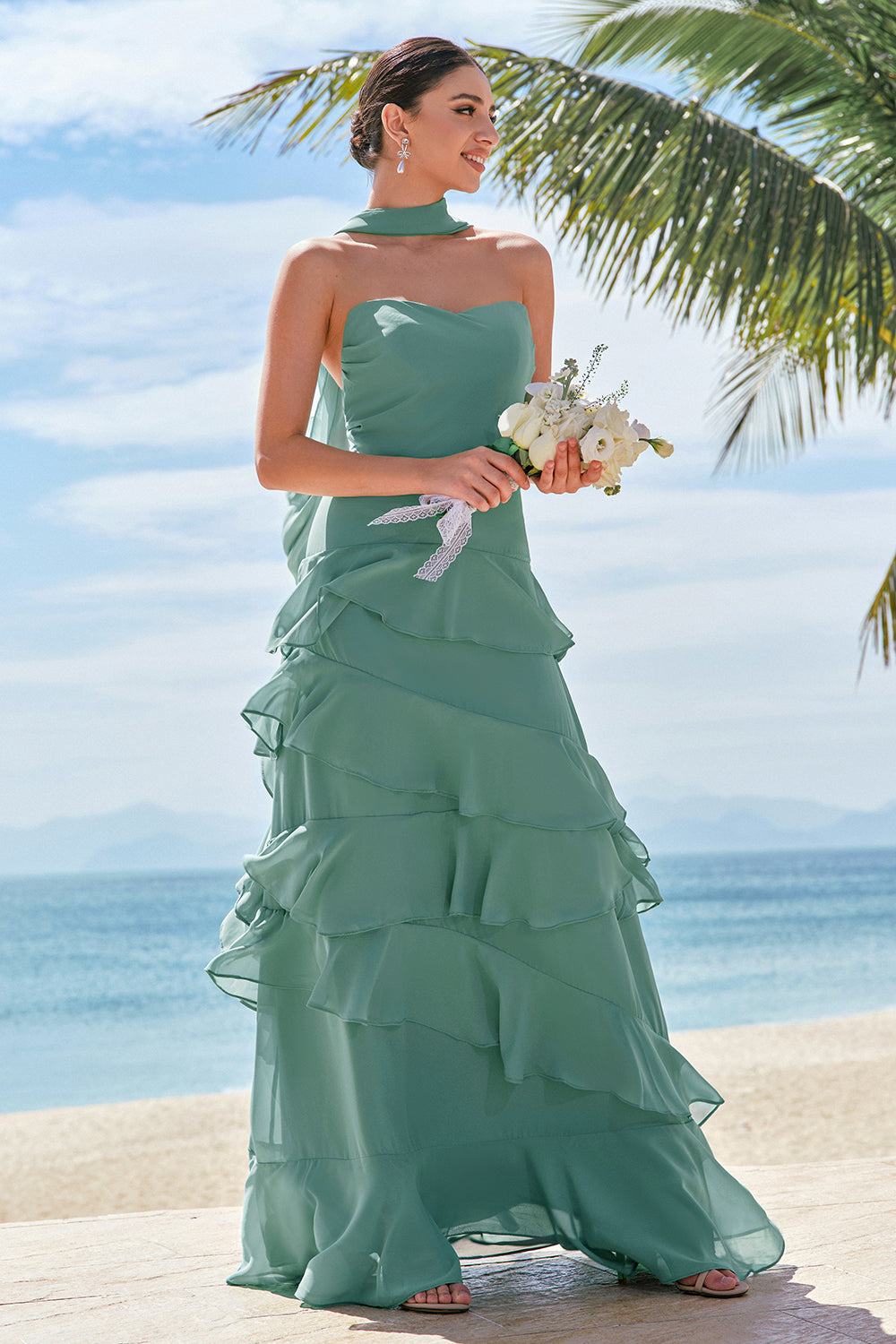 Eucalyptus Strapless Ruffled Bridesmaid Dress with Ribbon