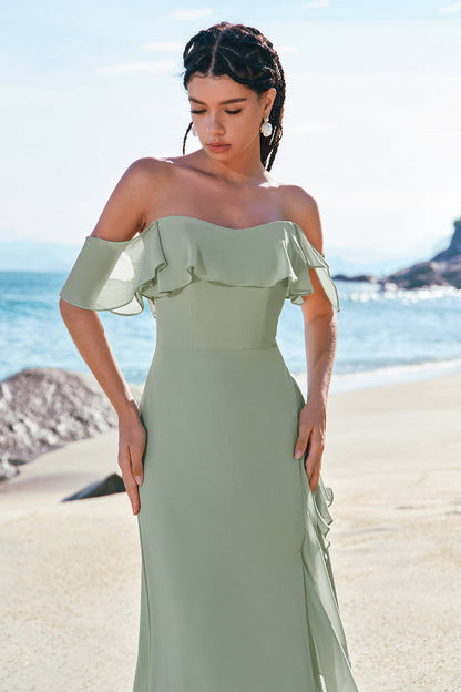 Light Green Mermaid Off the Shoulder Long Bridesmaid Dress with Ruffle Slit