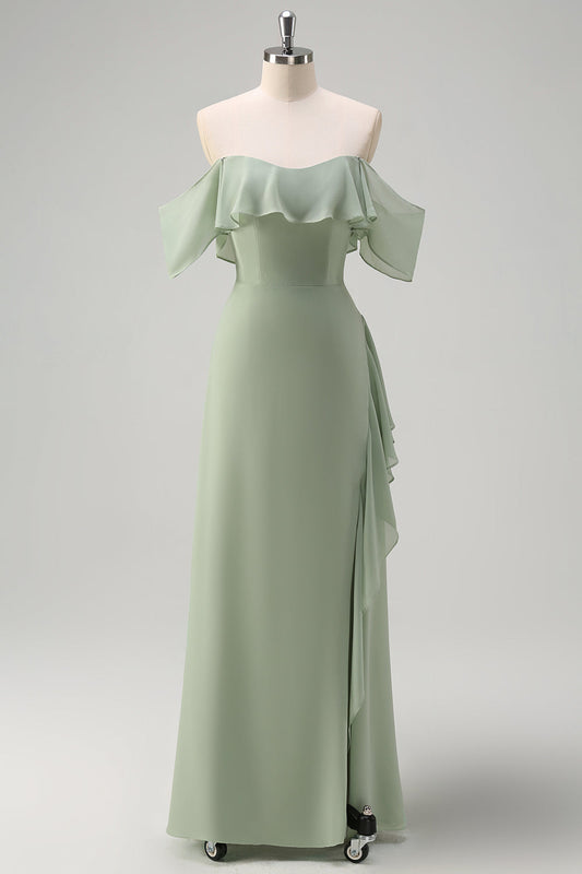 Light Green Mermaid Off the Shoulder Ruffled Bridesmaid Dress with Slit