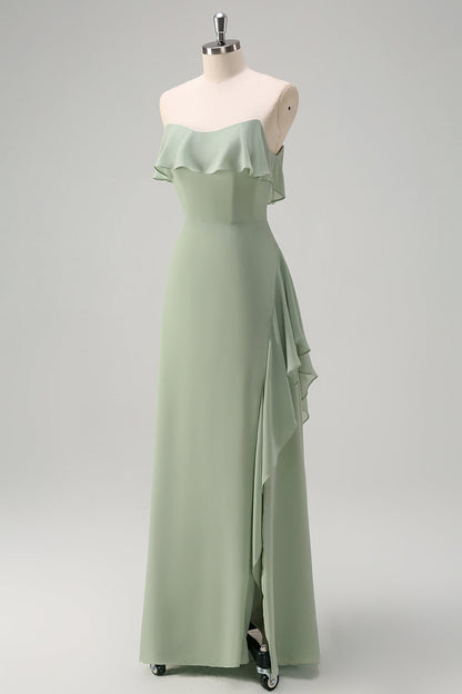 Light Green Mermaid Off the Shoulder Ruffled Bridesmaid Dress with Slit