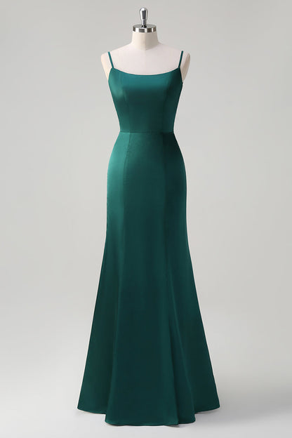 Dark Green Mermaid Spaghetti Straps Satin Bow Ruffle Long Bridesmaid Dress