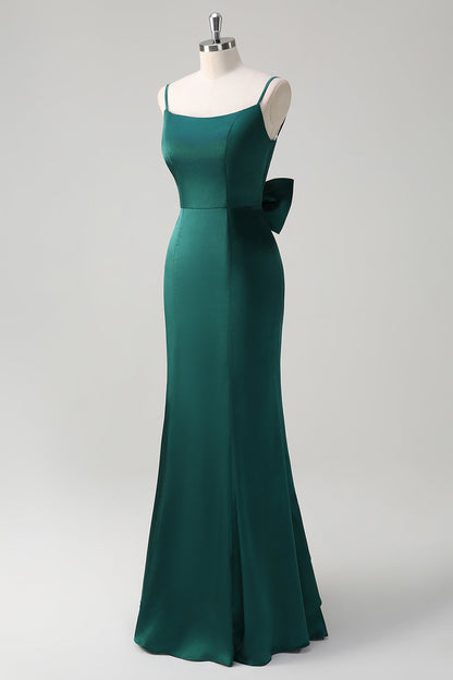 Dark Green Mermaid Spaghetti Straps Satin Bow Ruffle Long Bridesmaid Dress