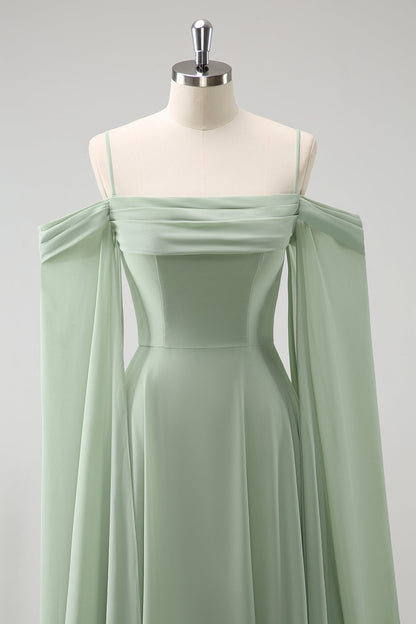 Light Green Cold Shoulder Detachable Sleeves A-Line Chiffon Long Bridesmaid Dress