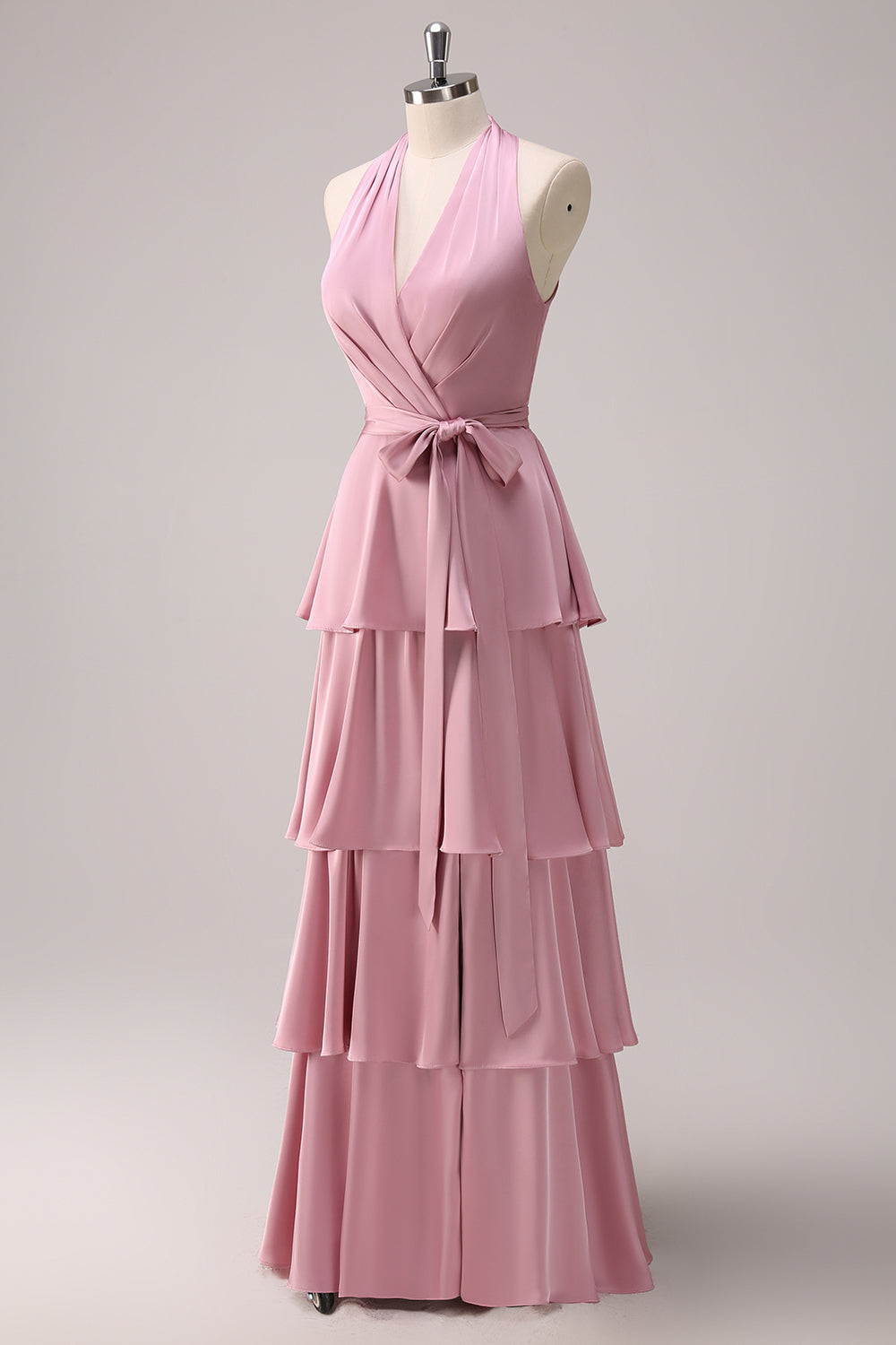 Pink Halter Tiered A-Line Bridesmaid Dress with Sash