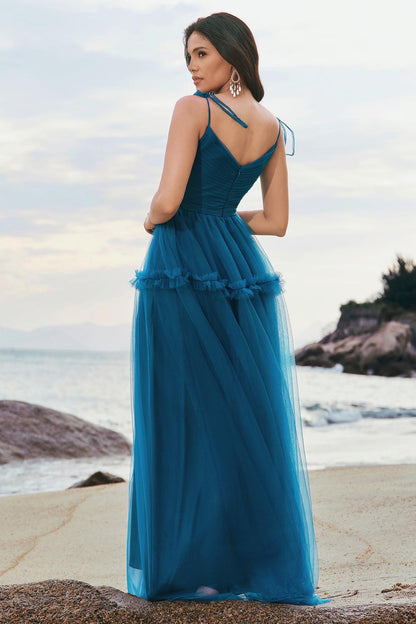 Dark Blue A-Line Spaghetti Straps Pleated Long Bridesmaid Dress