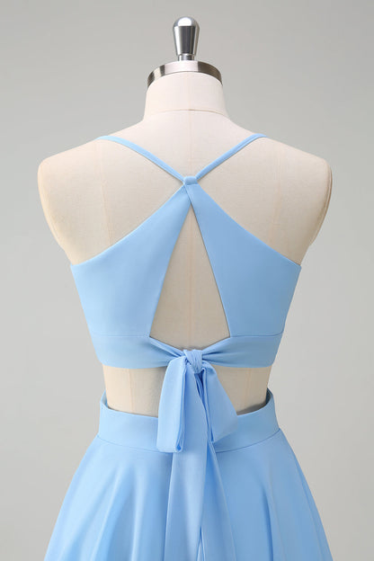 Sky Blue A-Line Spaghetti Straps Tiered Chiffon Bridesmaid Dress