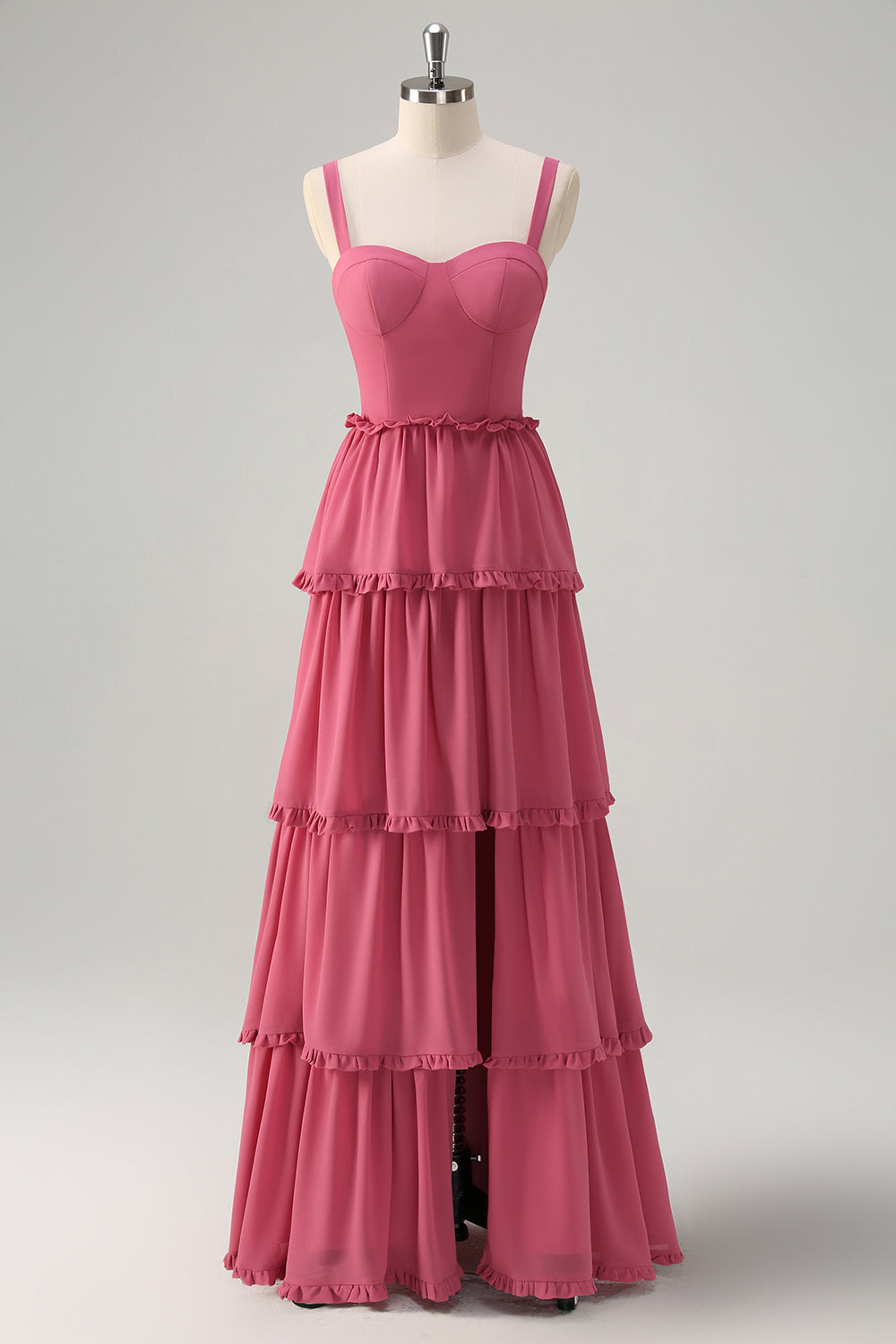 Tiered Dusty Rose A Line Long Bridesmaid Dress with Slit