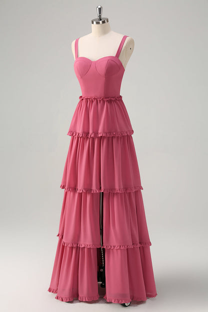 Tiered Dusty Rose A Line Long Bridesmaid Dress with Slit