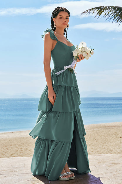 Eucalyptus A-Line Corset Tiered Long Bridesmaid Dress with Ruffle Slit