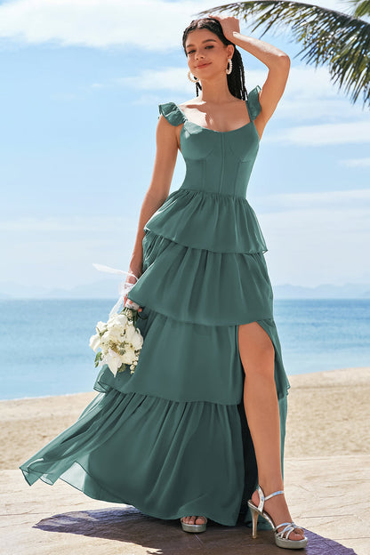 Eucalyptus A-Line Corset Tiered Long Bridesmaid Dress with Ruffle Slit