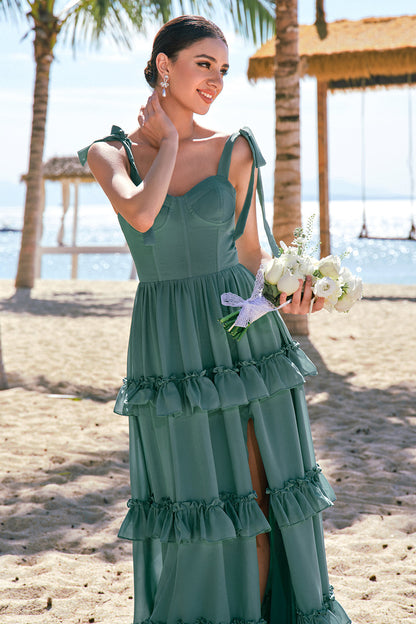 Eucalyptus A-Line Bow Tie Straps Corset Chiffon Long Bridesmaid Dress with Slit