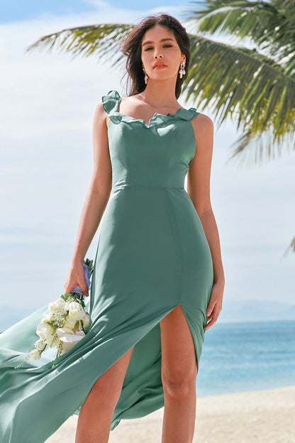 Eucalyptus A-Line Spaghetti Straps Chiffon Long Bridesmaid Dress with Slit