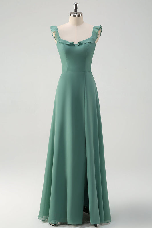 Eucalyptus Chiffon A Line Spaghetti Straps Long Bridesmaid Dress with Slit