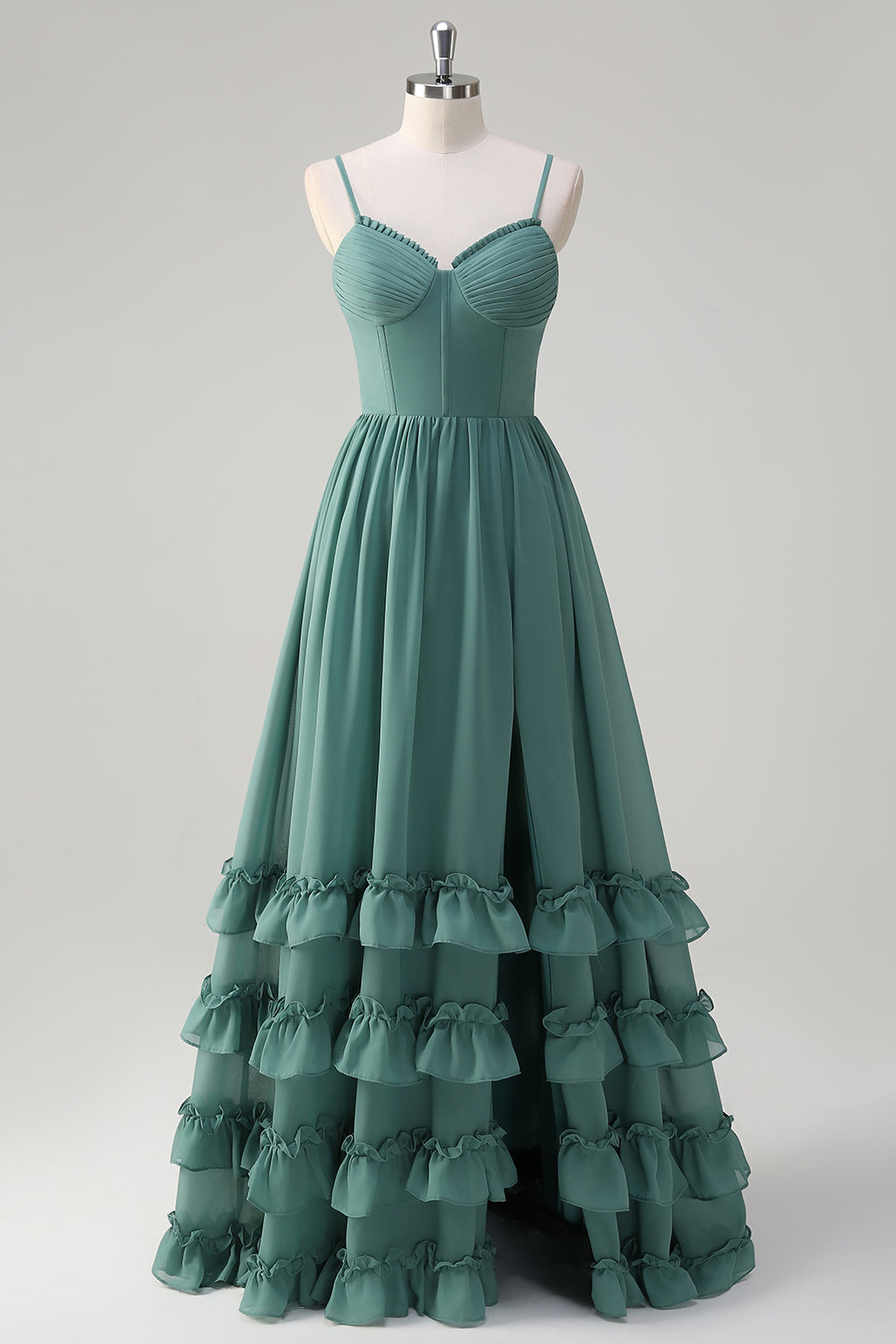 Eucalyptus A-Line Corset Ruffled Chiffon Long Bridesmaid Dress with Slit