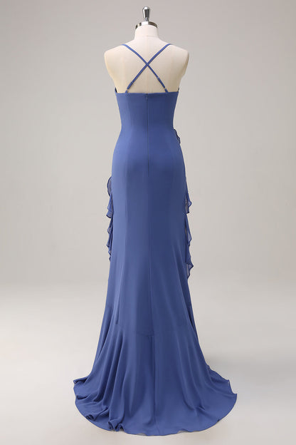 Dark Blue Bodycon Spaghetti Straps Long Bridesmaid Dress with Ruffles Slit