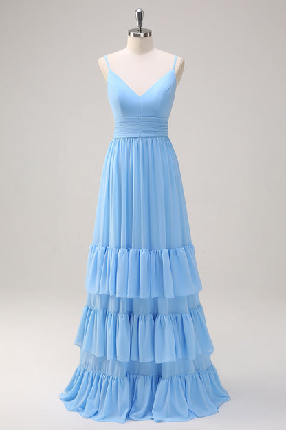 Blue A Line Spaghetti Straps V Neck Tiered  Long Bridesmaid Dress