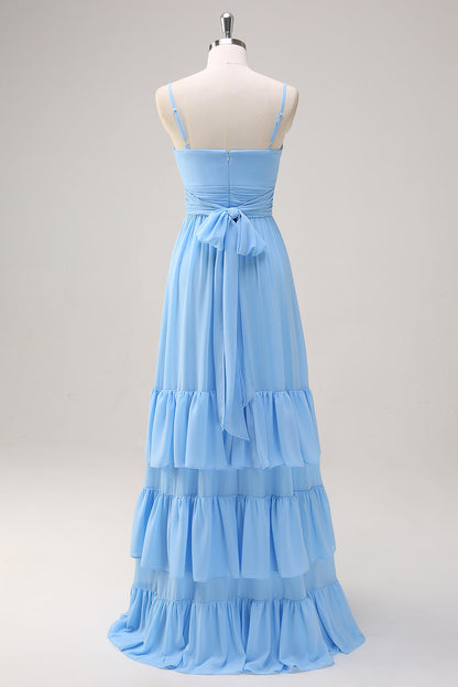 Blue A Line Spaghetti Straps V Neck Tiered  Long Bridesmaid Dress