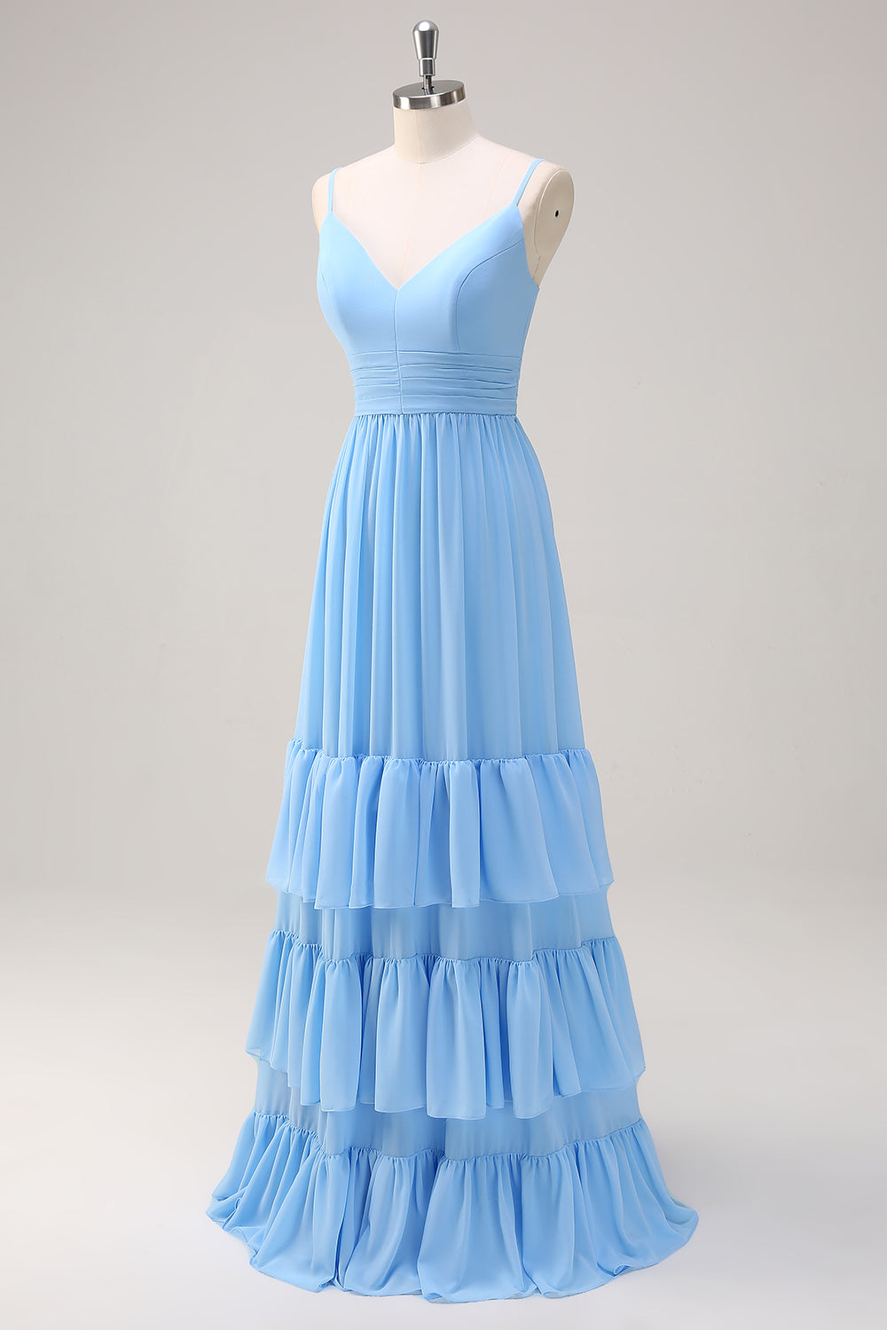 Blue A Line Spaghetti Straps V Neck Tiered  Long Bridesmaid Dress