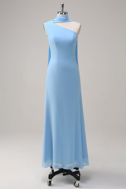 Chiffon Blue Mermaid One Shoulder Long Bridesmaid Dress with Streamer