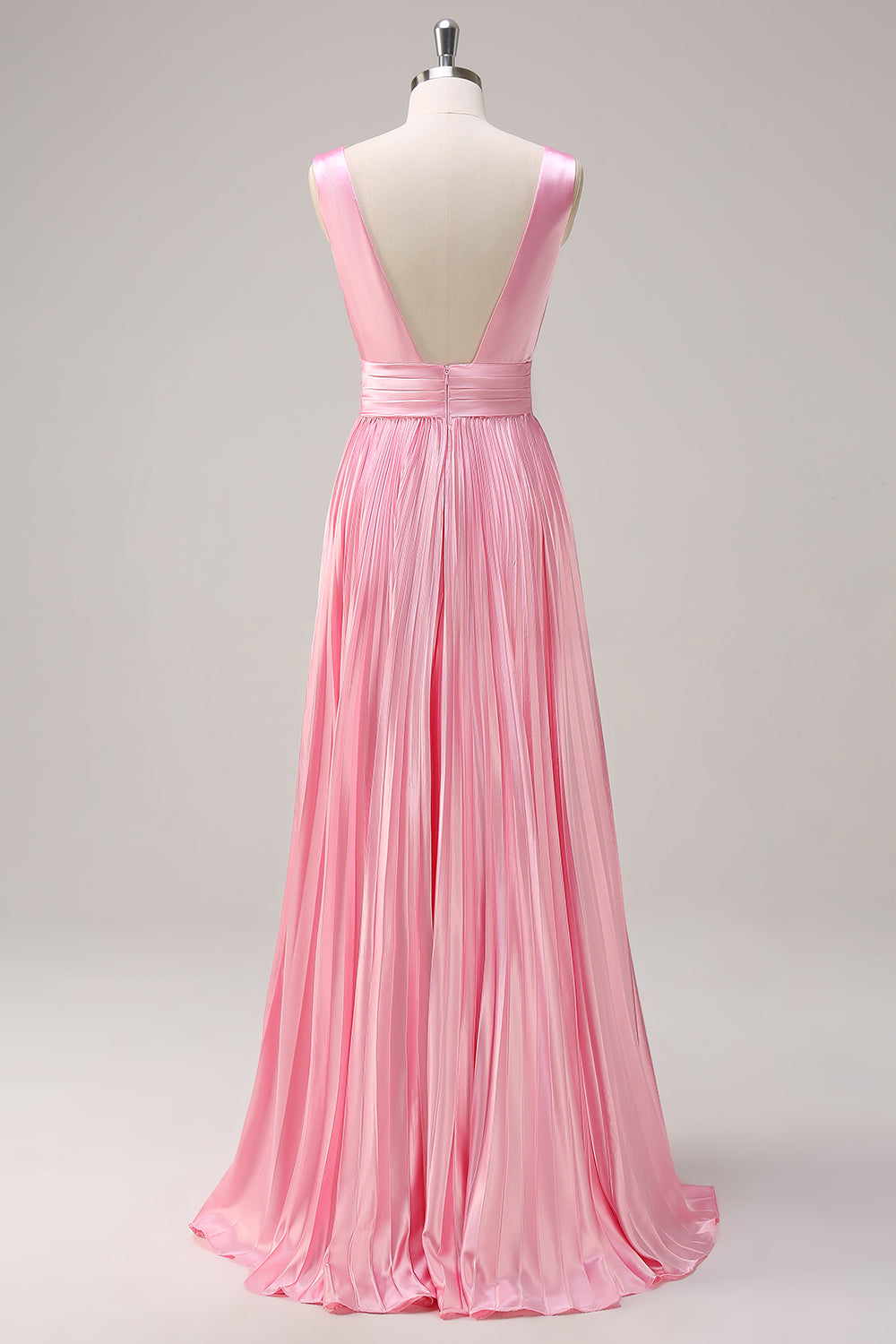 Pink A Line V Neck Chiffon Open Back Pleated Long Bridesmaid Dress