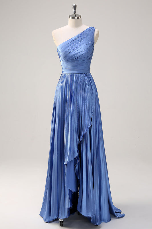 Blue A Line One Shoulder Pleated Long Bridesmaid Dress with Ruffle Slit