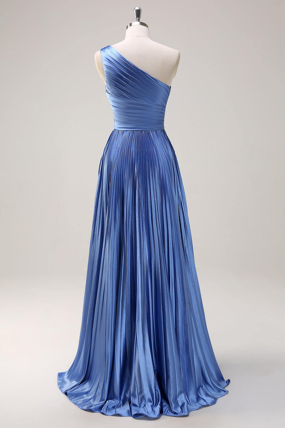 Blue A Line One Shoulder Pleated Long Bridesmaid Dress with Ruffle Slit