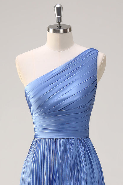 Blue A Line One Shoulder Pleated Long Bridesmaid Dress with Ruffle Slit