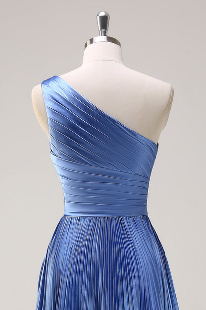 Blue A Line One Shoulder Pleated Long Bridesmaid Dress with Ruffle Slit