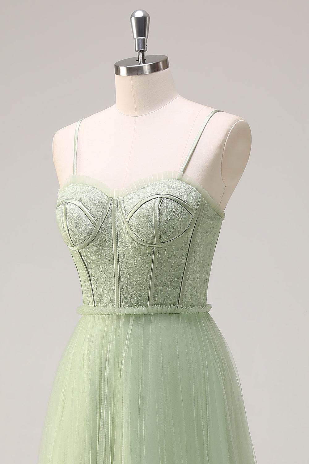 Sage A Line Spaghetti Straps Corset Long Tulle Bridesmaid Dress