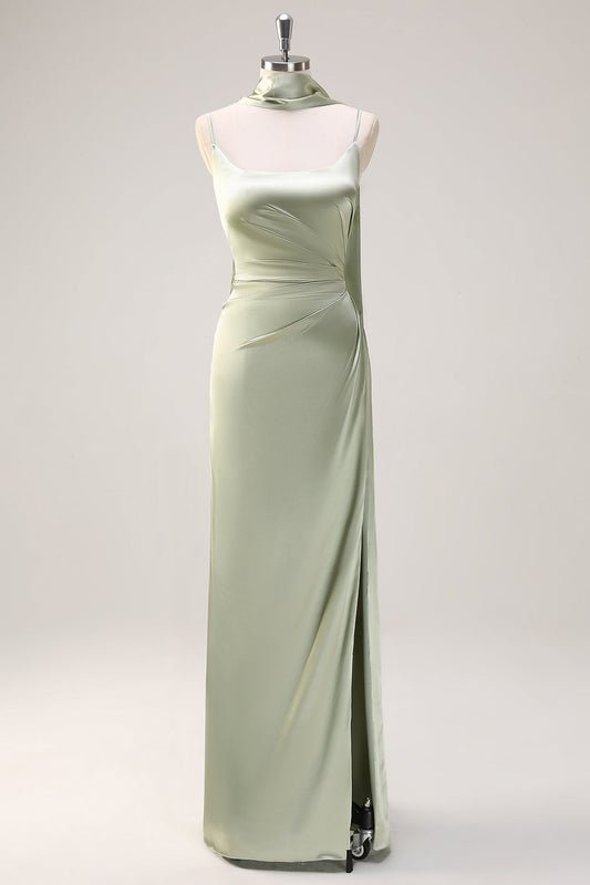 Sage Mermaid Ruched Long Ruched Streamer Satin Bridesmaid Dress with Slit