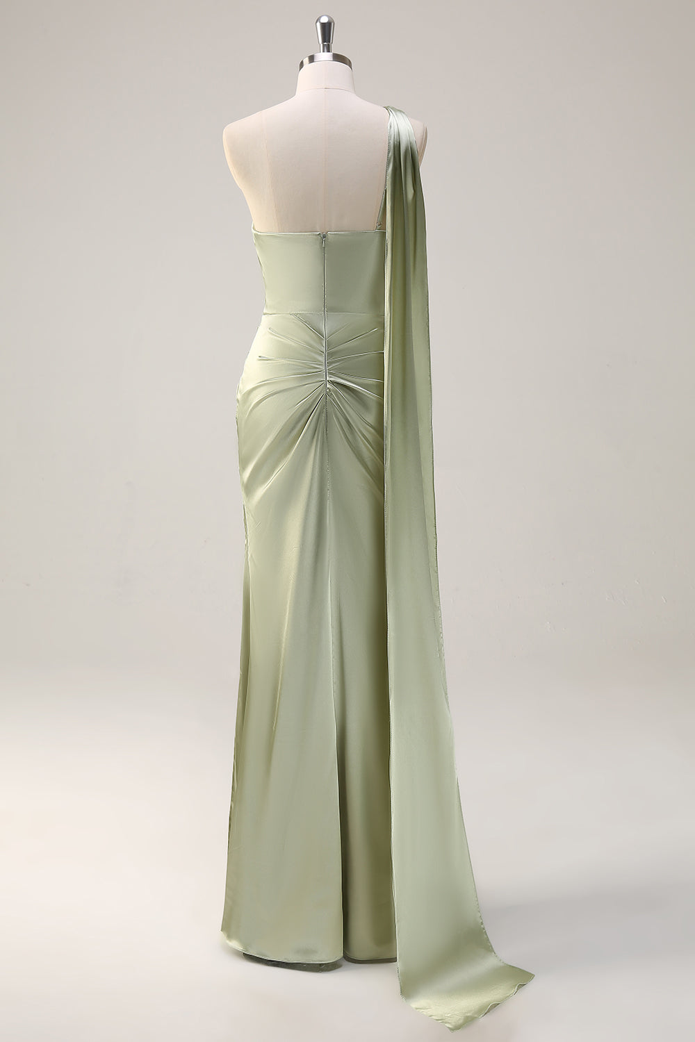 Sage Mermaid One Shoulder Streamer Ruched Satin Long Bridesmaid Dress with Slit