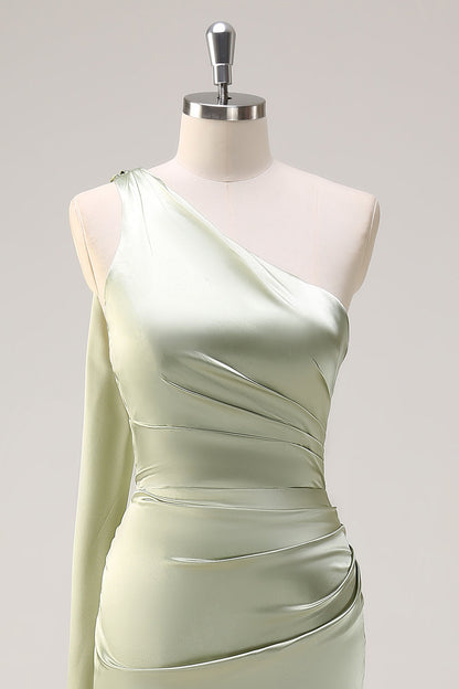 Sage Mermaid One Shoulder Streamer Ruched Satin Long Bridesmaid Dress with Slit