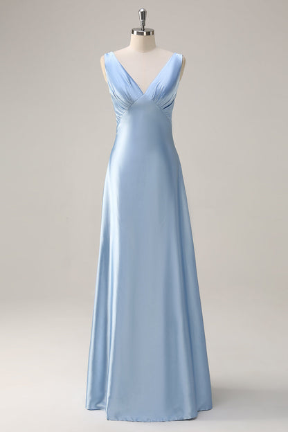 Sky Blue A Line V Neck Open Back Satin Long Bridesmaid Dress