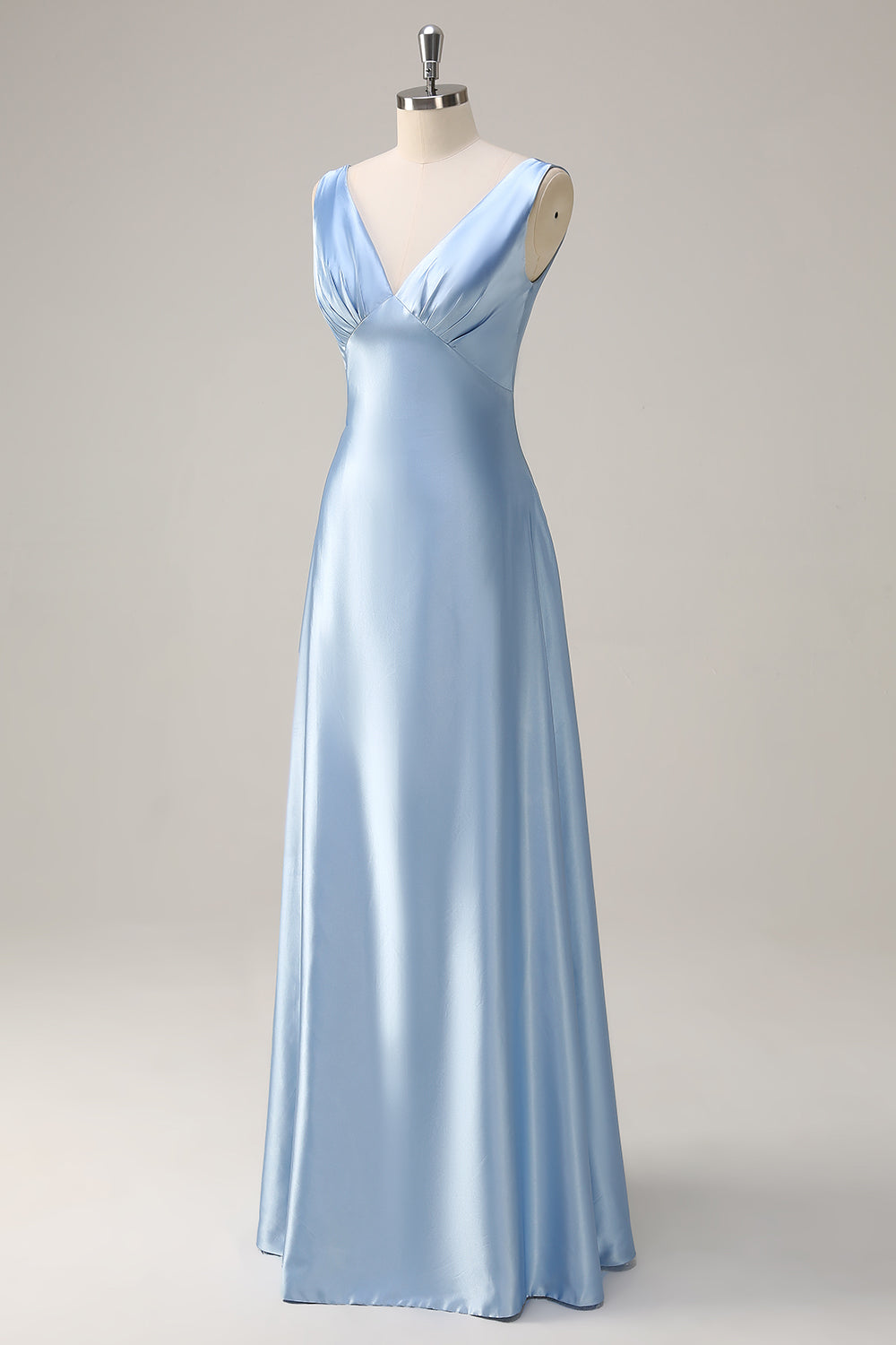 Sky Blue A Line V Neck Open Back Satin Long Bridesmaid Dress