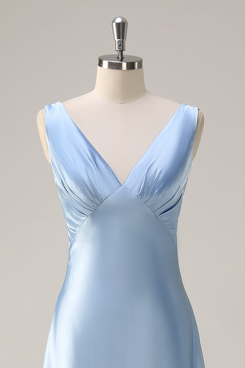 Sky Blue A Line V Neck Open Back Satin Long Bridesmaid Dress