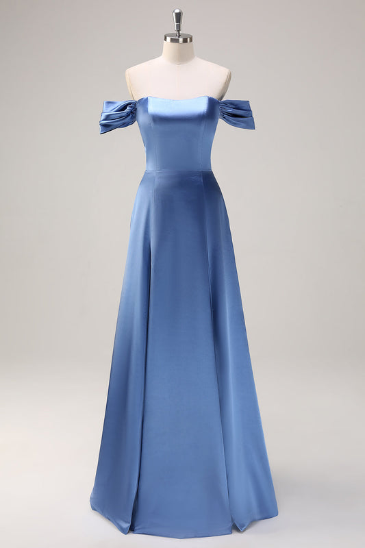 Dusty Blue A Line Off The Shoulder Satin Long Bridesmaid Dress