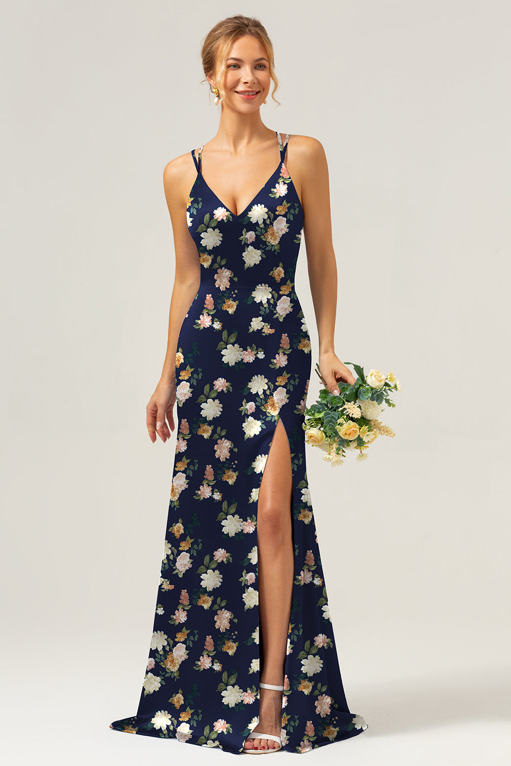 Navy Bloom Mermaid Spaghetti Straps Long Satin Bridesmaid Dress with Slit