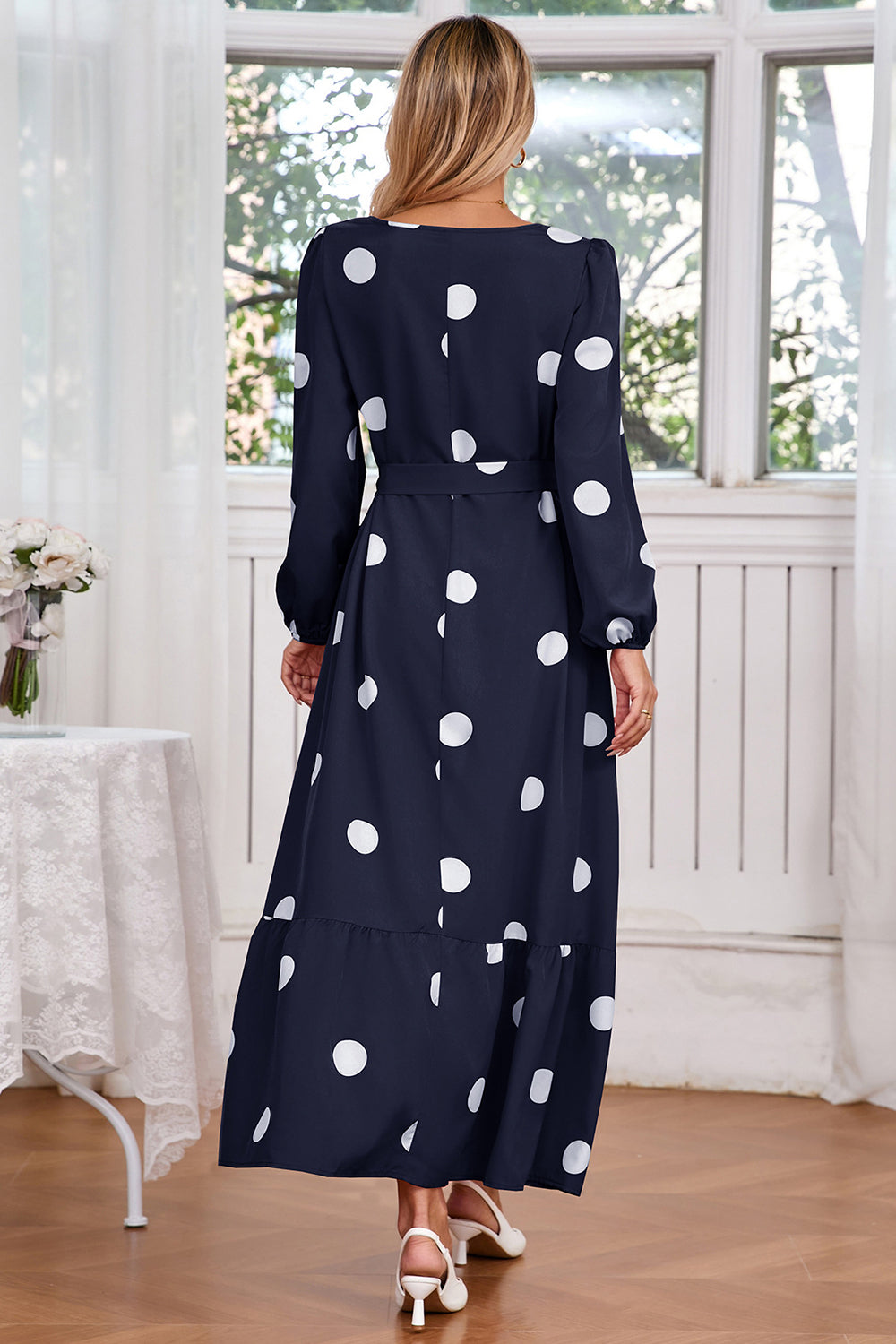 Navy Scoop Neck Polka Dots Long Cocktail Dress with Sash