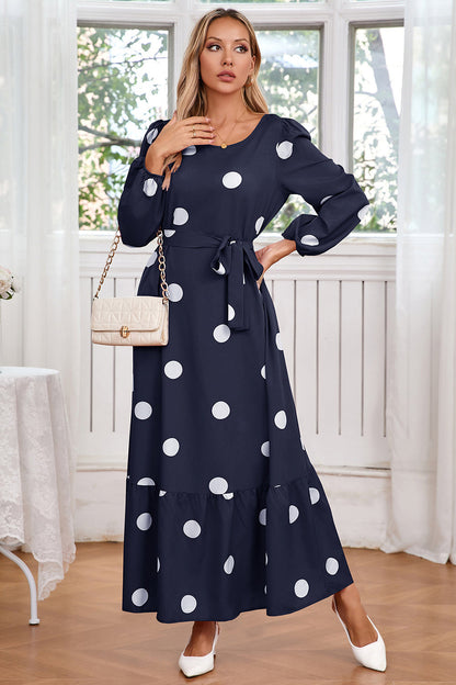 Navy Scoop Neck Polka Dots Long Cocktail Dress with Sash