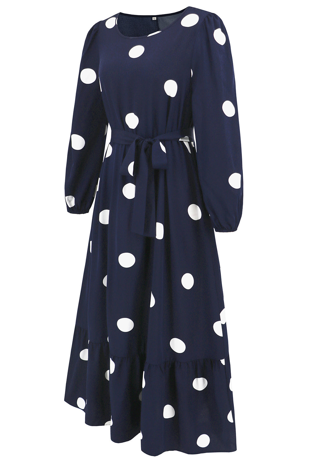 Navy Scoop Neck Polka Dots Long Cocktail Dress with Sash