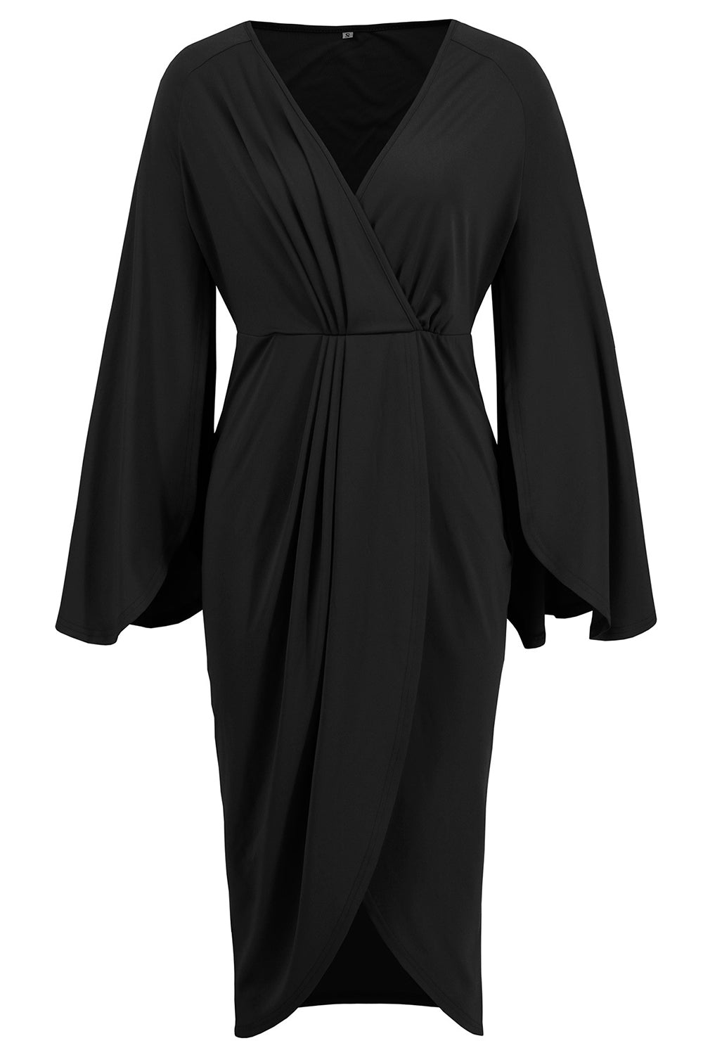 Black Mermaid V-Neck Asymmetrical Midi Cocktail Dress with Sleeves