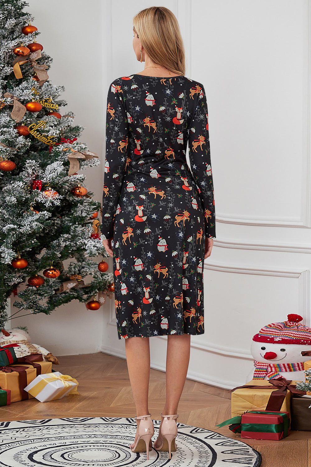 Reindeer V Neck A Line Long Sleeves Cocktail Dress