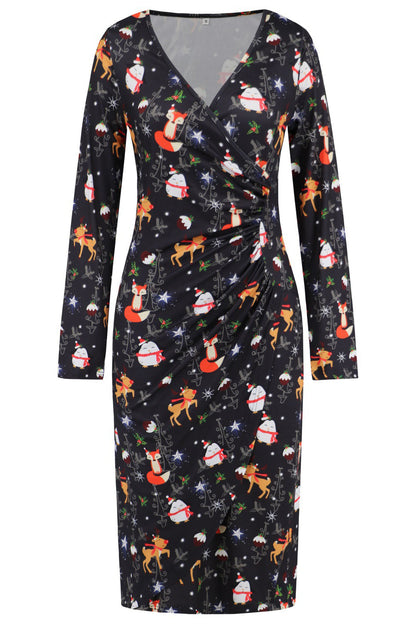 Reindeer V Neck A Line Long Sleeves Cocktail Dress