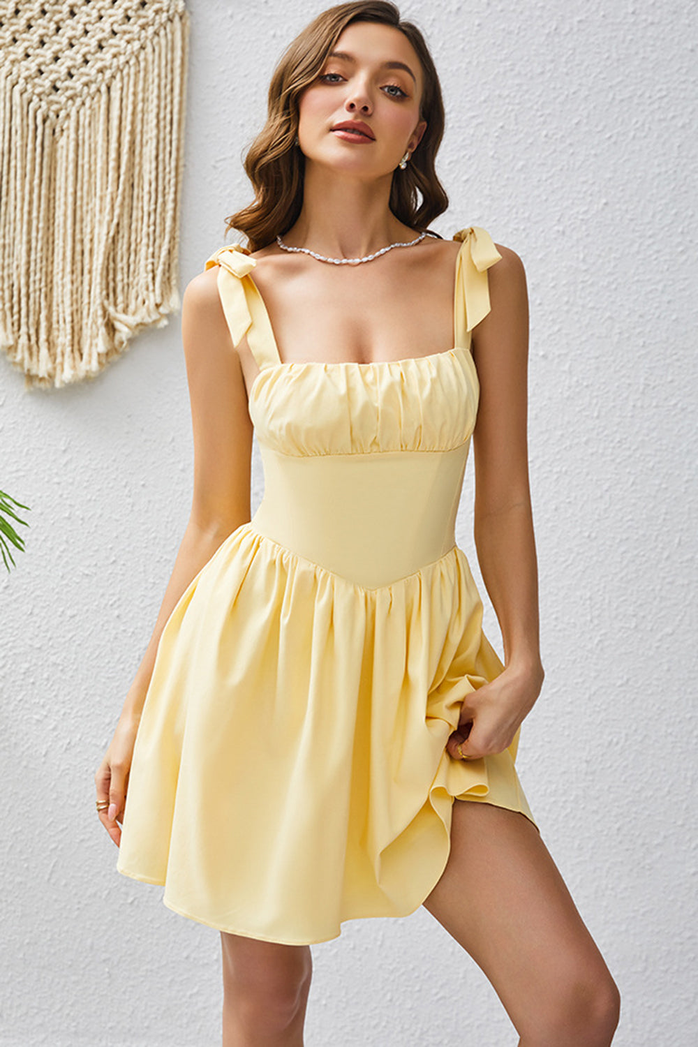 A Line Yellow Square Neck Short Homecoming Dress