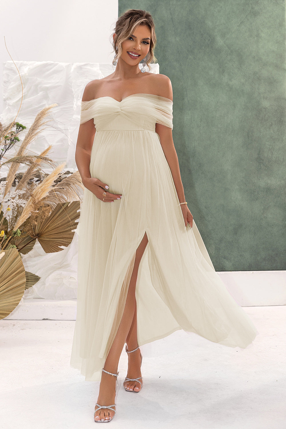 Apricot A Line Off the Shoulder Maternity Bridesmaid Dress witn Slit